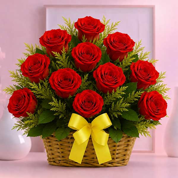 12 Lovely Red Roses Basket