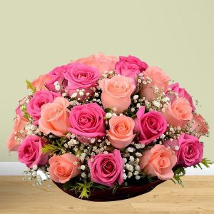 Fresh Pink and Peach Roses Basket