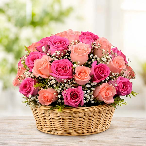 Fresh Pink and Red Roses Basket