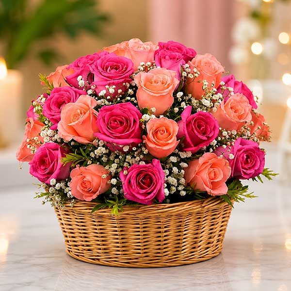 Fresh Pink and Red Roses Basket