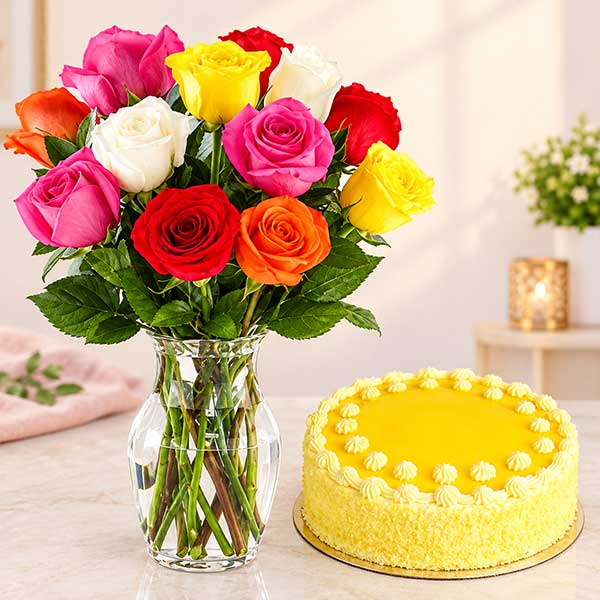 12 Mixed Roses Vase with Cake