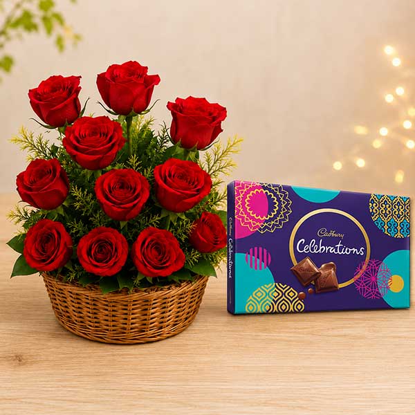 12 Red Rose basket with Chocolate Gift Pack
