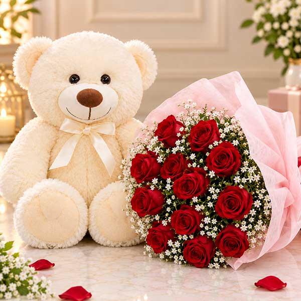 12 Red Roses Bouquet with Teddy