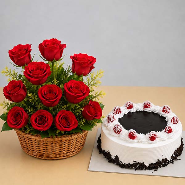 12 Red Roses with Black Forest Cake