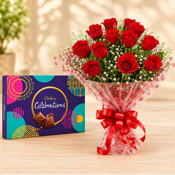 12 Red Roses with Cadbury Celebration