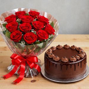 12 Roses with Cake Midnight Delivery