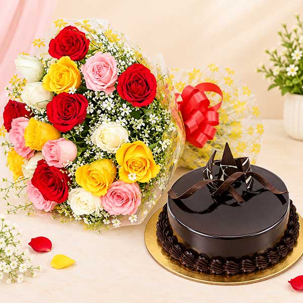 Assorted Roses with Eggless Chocolate Cake