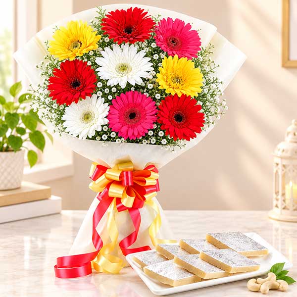 Beautiful Gerberas with Kaju Katli Sweets
