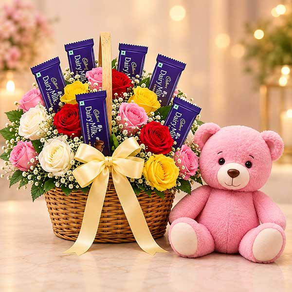 Choco Rose Basket with Teddy Bear
