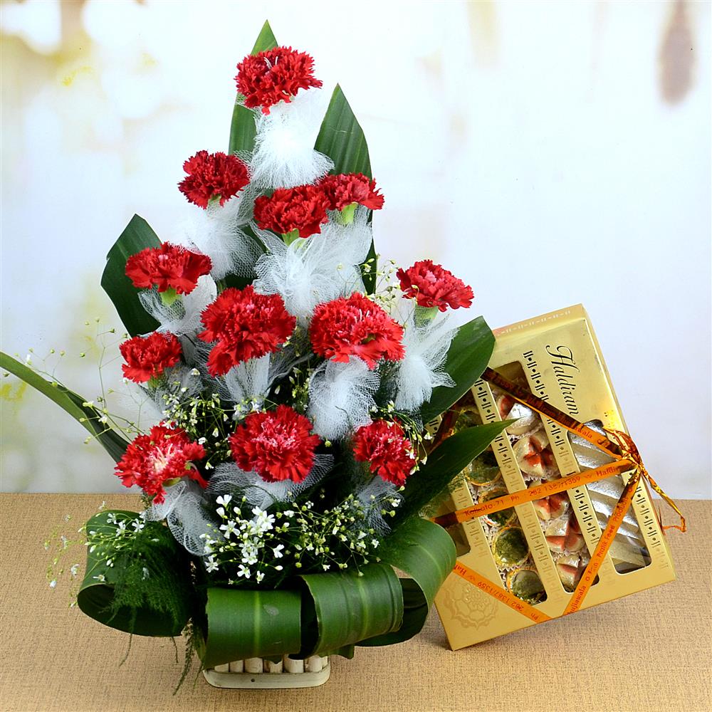 Classic Carnations with Assorted Kaju Sweets