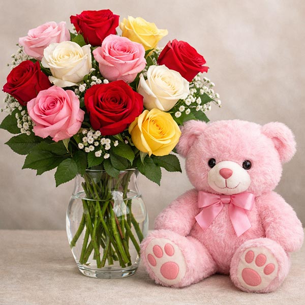 Colourful Roses Vase with Teddy