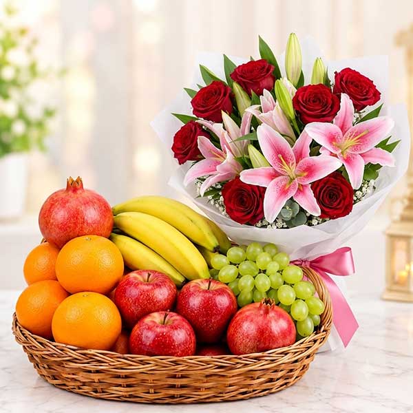 Exotic Flowers and Fruit Basket