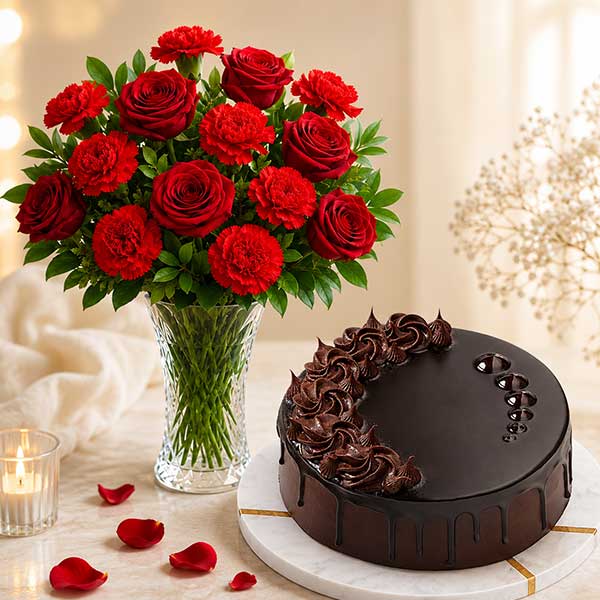 Flowers Vase with Chocolate Truffle Cake