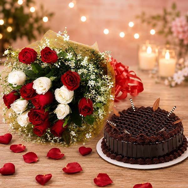 Fresh Rose Bouquet with Cake