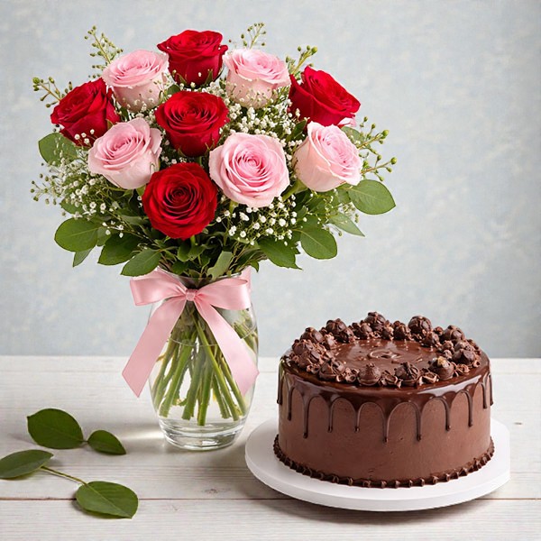 Fresh Roses Vase with Chocolate Cake