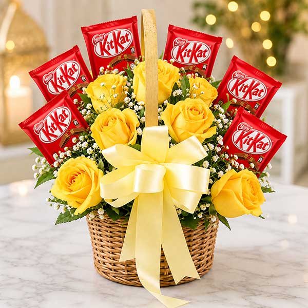 Golden Rose Basket with Kitkat Bar