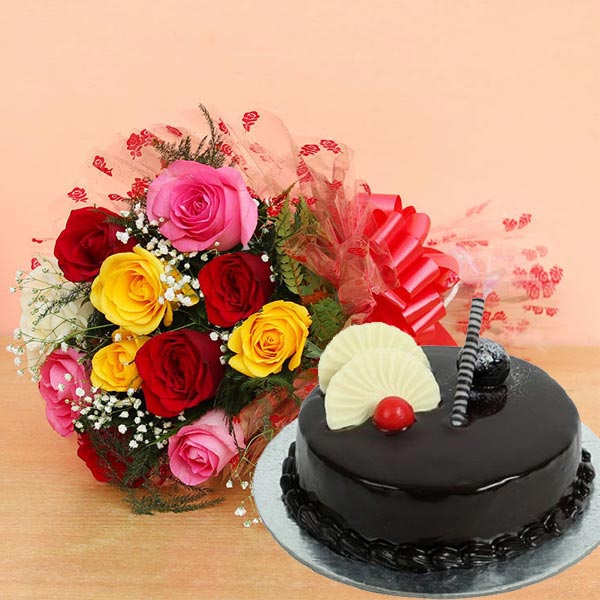 Mixed Roses with Chocolate Truffle Cake