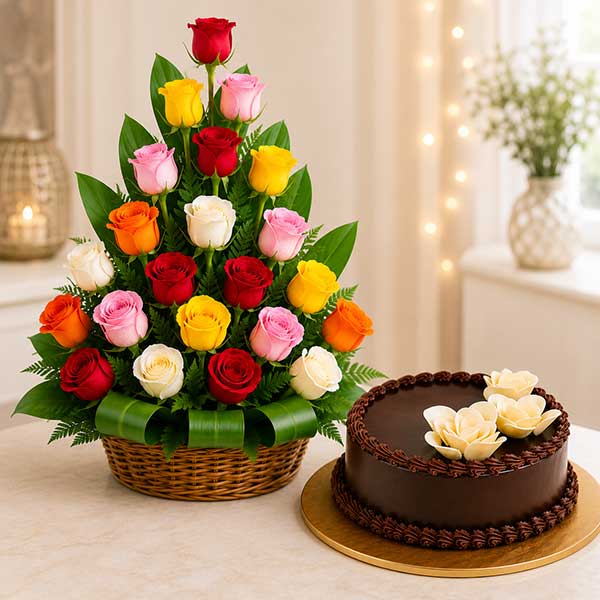 Mixed Roses Basket with Cake