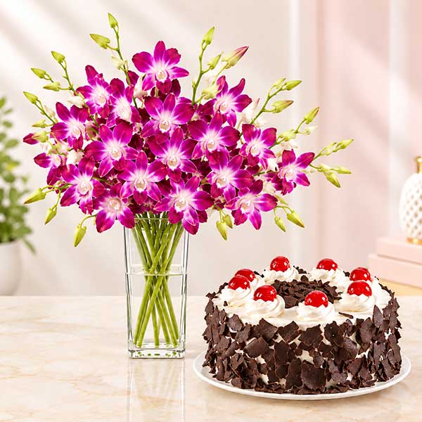 Orchid Vase with Black Forest Cake