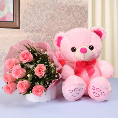 Pink Rose Bouquet with Teddy Soft Toy
