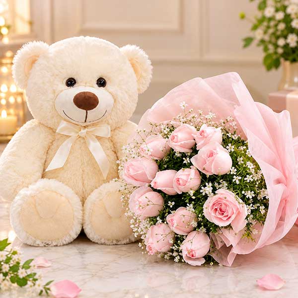 Pink Rose Bouquet with Teddy Soft Toy