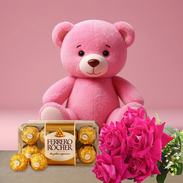 Artificial Roses with Teddy and Chocolate