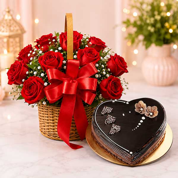 Red Roses with Heart Cake