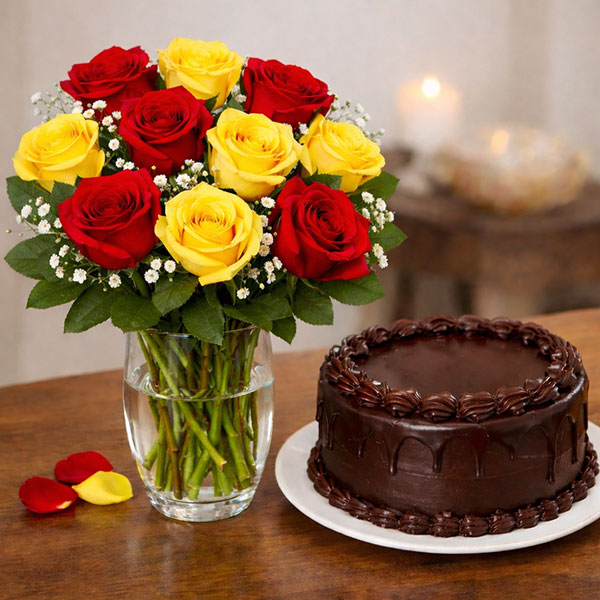 Roses Vase With Chocolate Truffle Cake