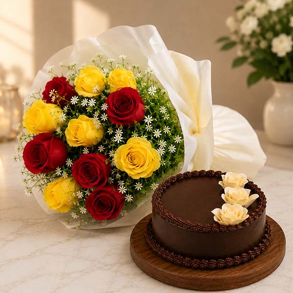 Roses with Chocolate Truffle Cake