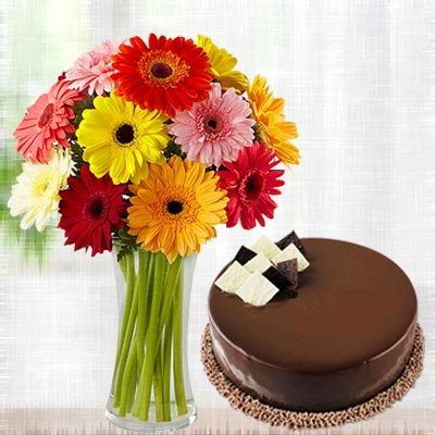 Mixed Gerbera Vase with Cake