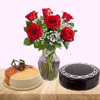 Red Rose Vase with 2 Cakes