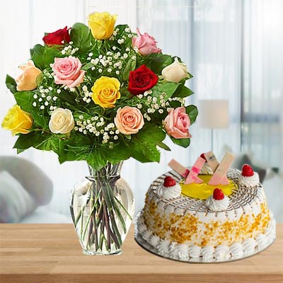 Mixed Roses Vase With Cake