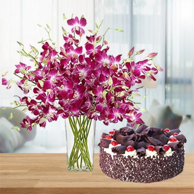 Orchid Vase with Black Forest Cake