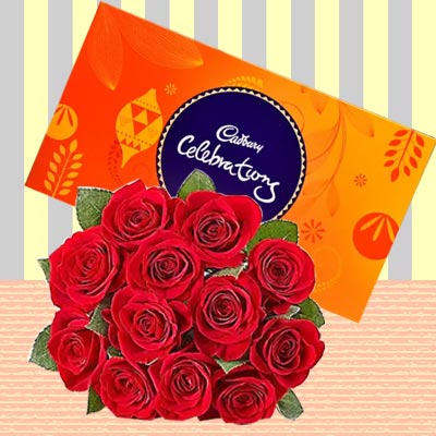 12 Red Roses with Cadbury Celebration