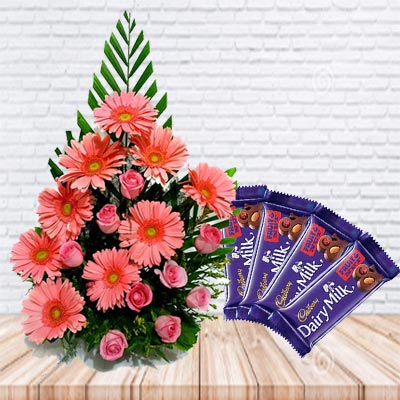 Elegant Flowers Basket with Silk Chocolate