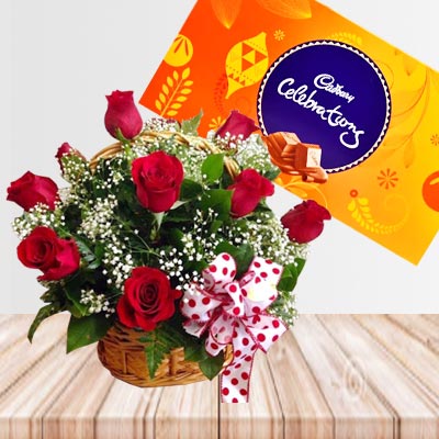 12 Red Rose basket with Chocolate Gift Pack