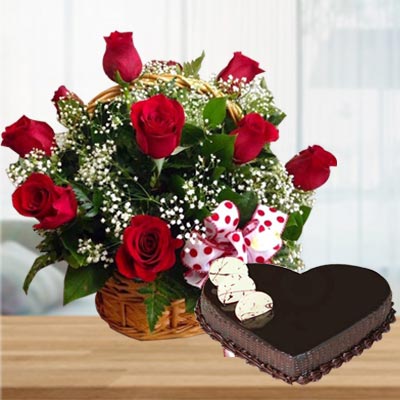 Red Roses with Heart Cake