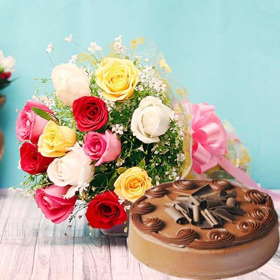 Mixed Roses Basket with Cake