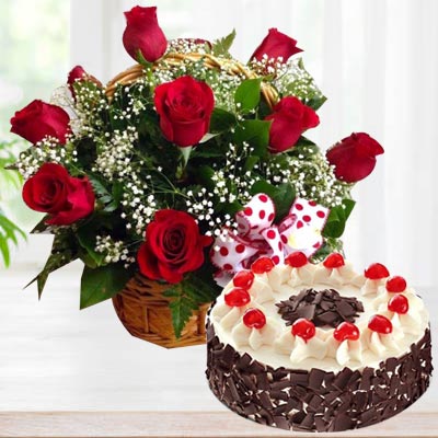12 Red Roses with Black Forest Cake