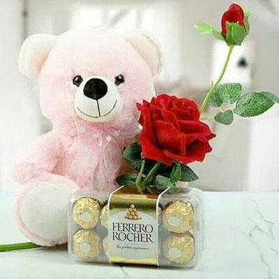 Pink Teddy with Rose & Chocolate