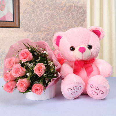 Pink Rose Bouquet & Teddy