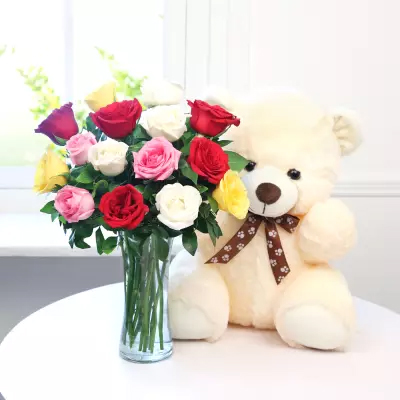 Colourful Roses Vase with Teddy