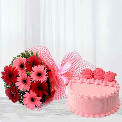 12 Gerberas with Strawberry Cake