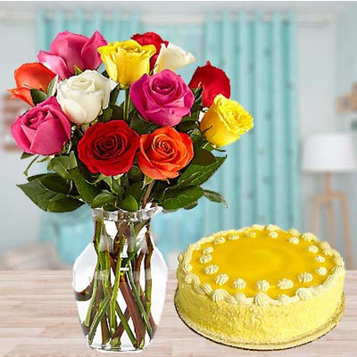 Mixed Roses Vase with Cake