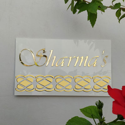 Golden fonts glossy white name plate