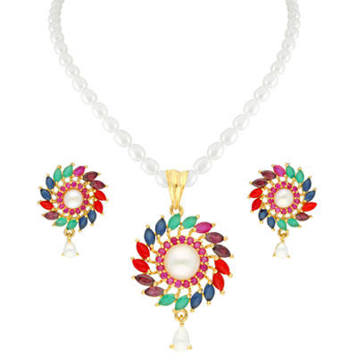 Colourful Pendant In Pearl Necklace