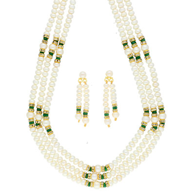 3 Line Green Stone Pearl Necklace