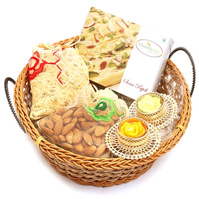 Big Cane Basket with Soan Papdi, Almonds, Namkeen Pouch with 2- T-lites