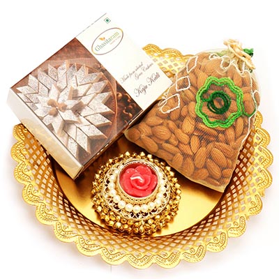 Golden Almond Pouch and Kaju katli Thali