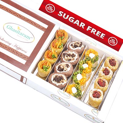 Assorted Box of Sugarfree Anjeer Basket, Kesar Pista Delight, Choco Boat and Almond Basket 400 gms